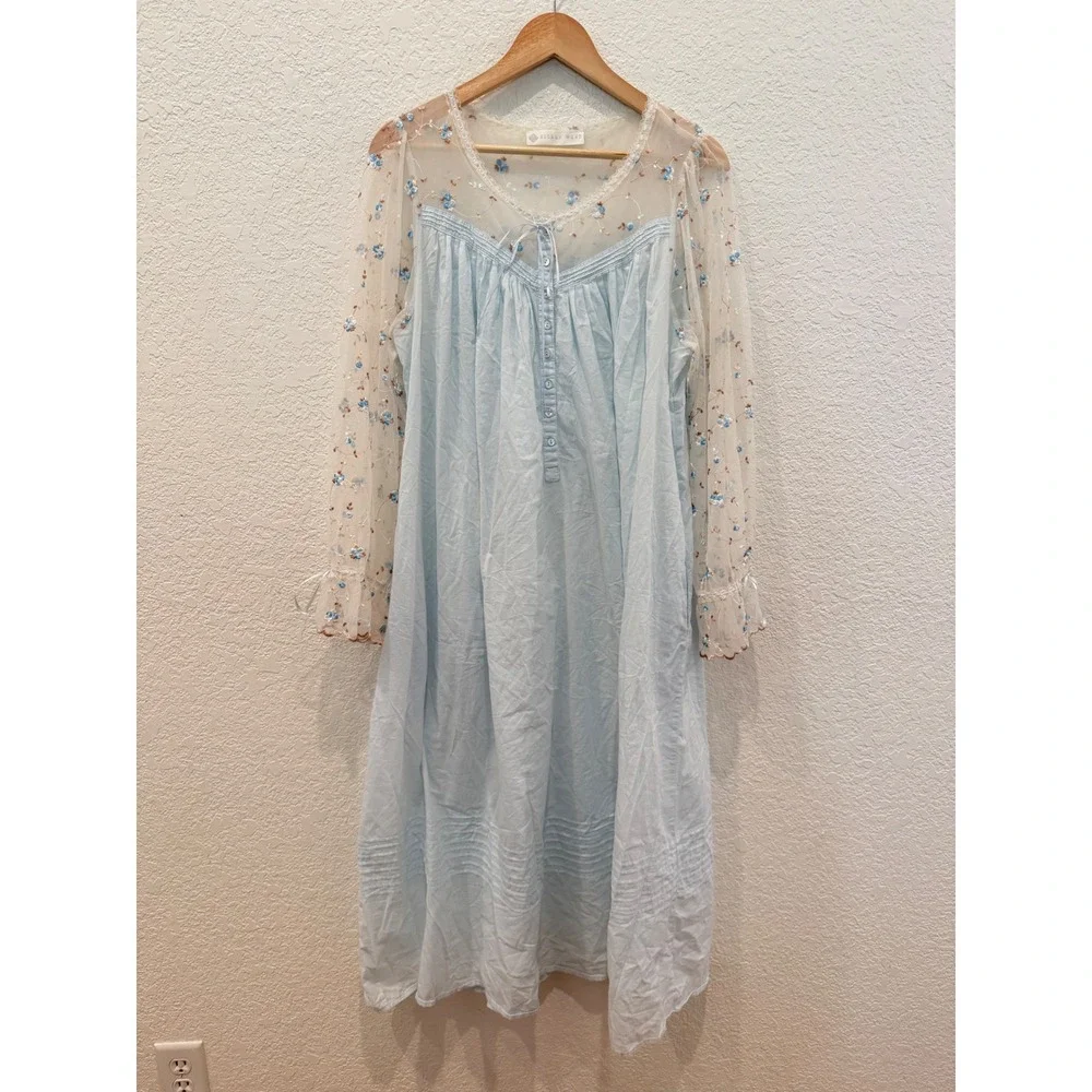 Eileen West Blue Cotton Embroidered Mesh Sleeve Lawn Nightgown Victorian Style M - Picture 2 of 12
